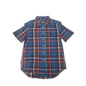 Ralph Lauren Boys S 8 Blue Plaid Button Front Shirt Short Sleeve Cotton